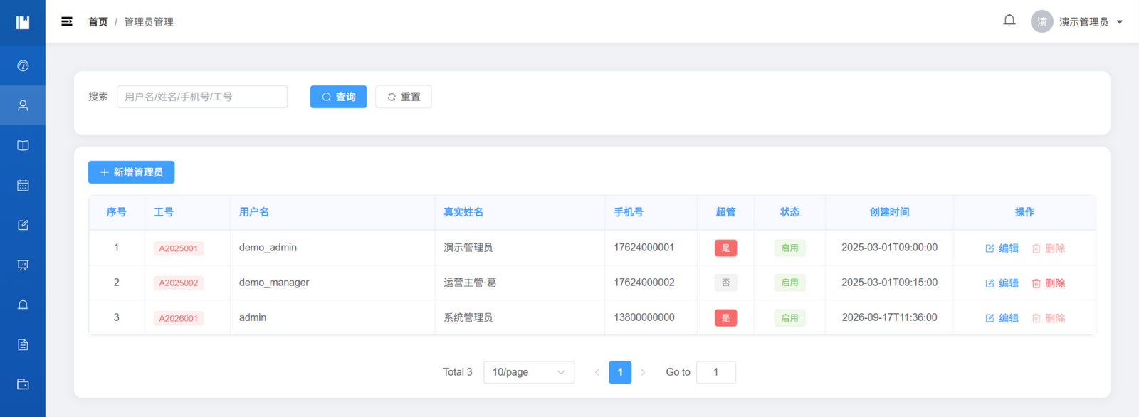 管理员列表：展示 3 名管理员、超级管理员标记、禁用操作与分页入口。