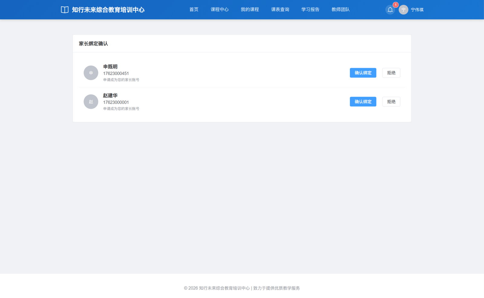 宁伟祺收到两条家长绑定请求：申既明、赵建华均待确认，确认绑定与拒绝入口完整；尚未处理。