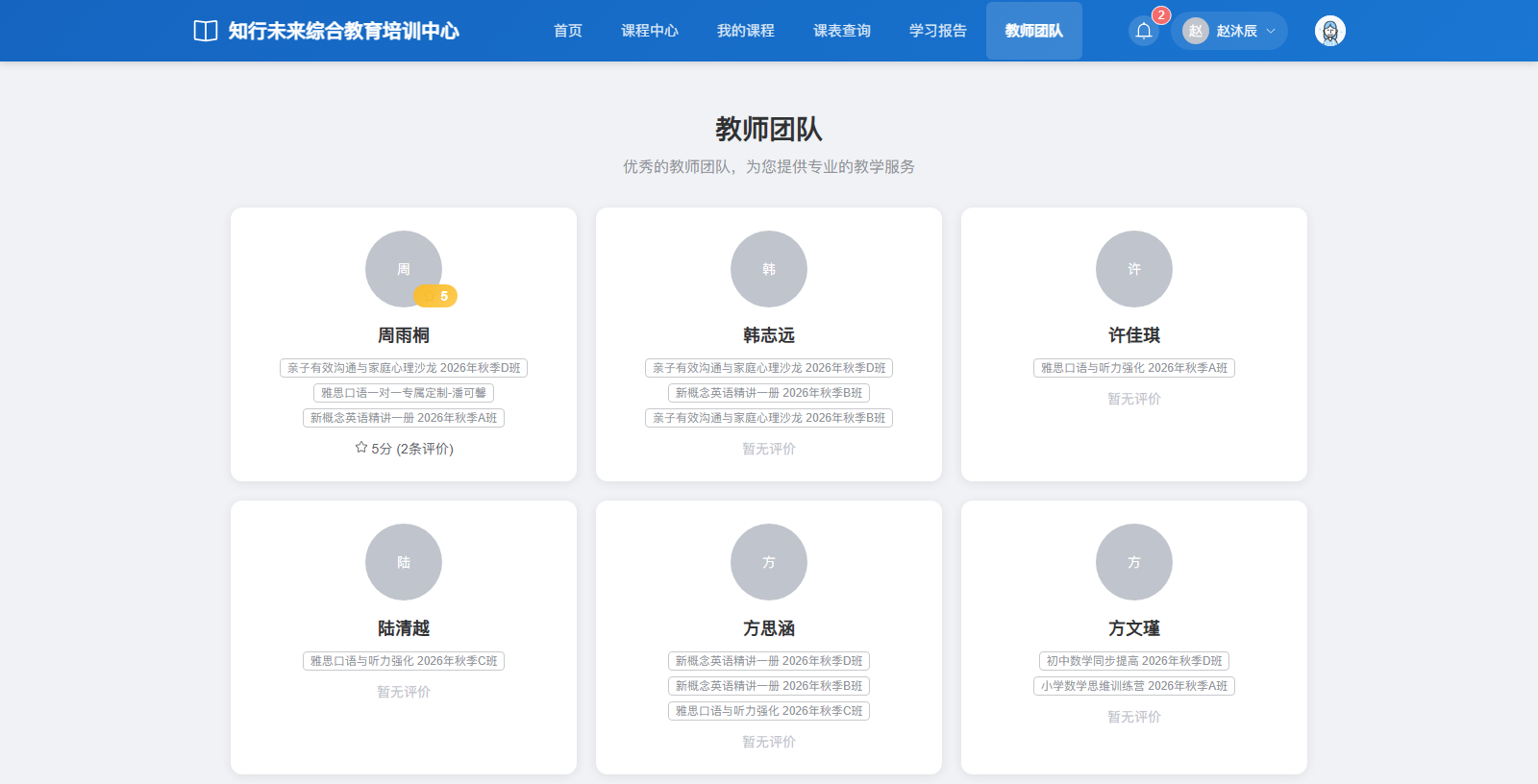 赵沐辰查看教师卡片节选：保留前 6 张完整卡片，周雨桐显示 5 分、2 条评价；其余教师未包含在本图中。