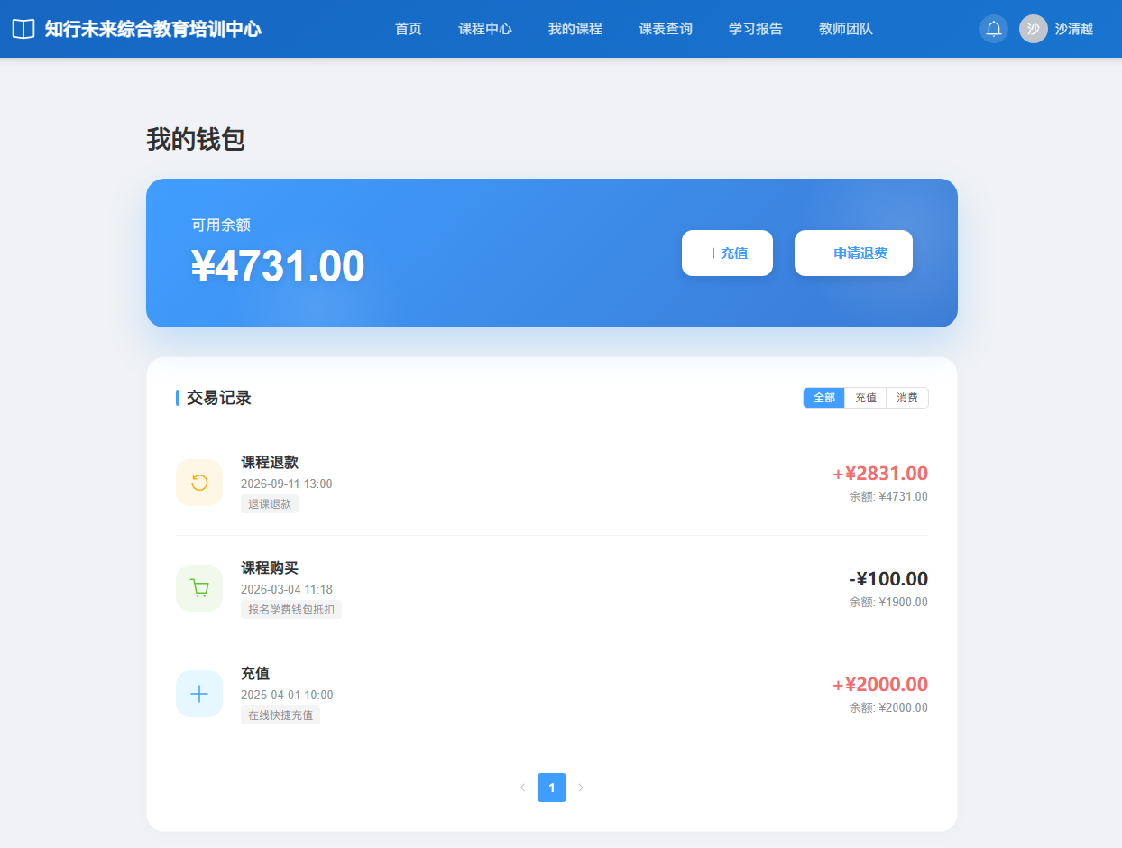 学员沙清越的钱包：9 月 11 日课程退款入账 2,831 元，当前余额 4,731 元；保留充值、购课抵扣与退款的变动记录。