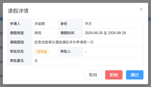 汤晋鹏的病假申请详情：9 月 28 日请假，当前待审批；保留申请理由、审批意见及通过和拒绝入口。