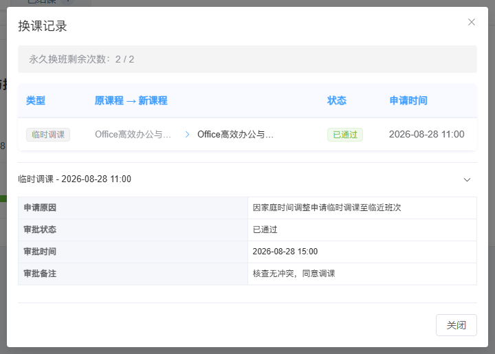 汤晋鹏的临时调课记录已展开：8 月 28 日 11:00 申请、15:00 批准，保留原因和审批备注；上方 2/2 为永久换班配额，课程名称仍省略。