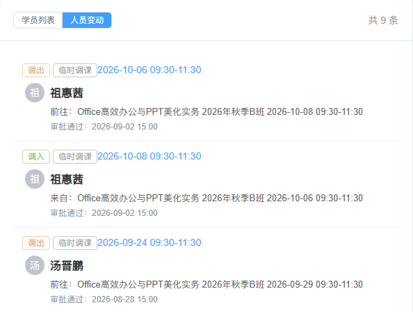 人员变动节选：祖惠茜 10 月 6 日调出、10 月 8 日调入；汤晋鹏 9 月 24 日调出至 9 月 29 日课次，记录均保留审批时间。