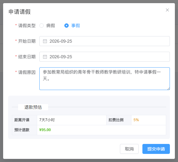 教师事假表单：9 月 25 日参加教研培训，填写日期与理由后查看扣费 5% 和预计退款 95 元；尚未提交。