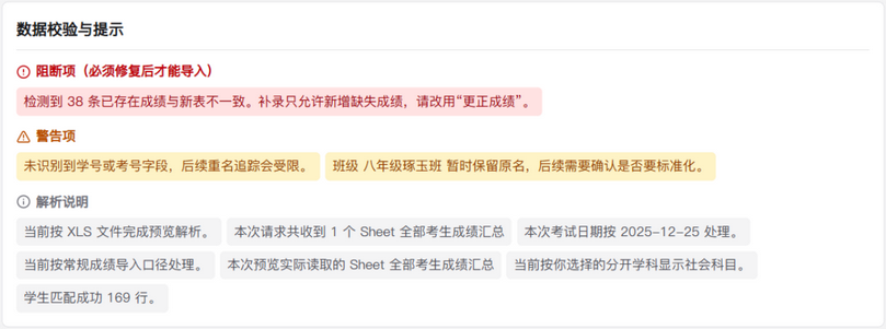 补录校验局部：已有成绩与新表不一致时，提示改用更正成绩。隔离复现示例。