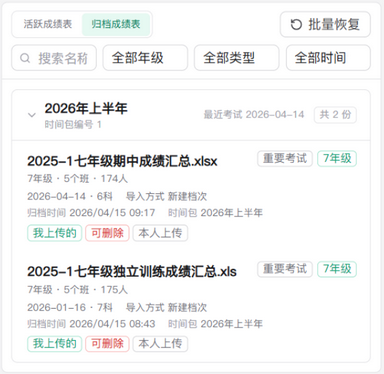 归档列表局部：按时间包归组，保留考试信息、筛选与批量恢复入口。