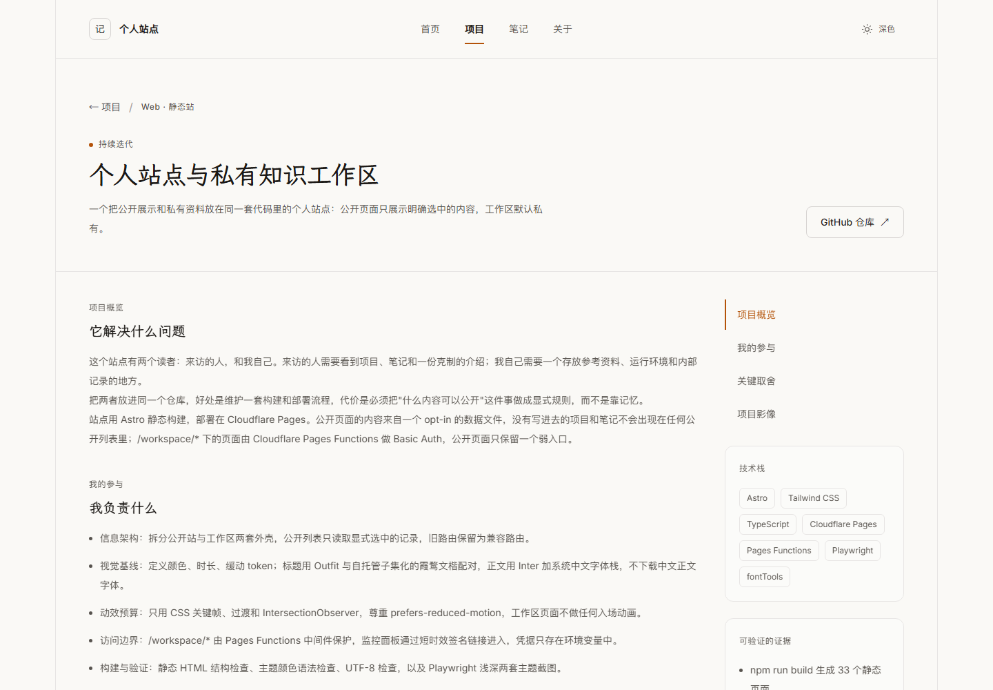 项目详情页浅色主题:左侧正文章节,右侧章节导航与技术栈